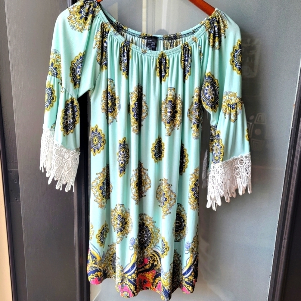 WIN WIN Boho Women's Blouse 3/4 Sleeves Off Shoulder L/XL Lace Multicolor Tunic - Picture 2 of 9